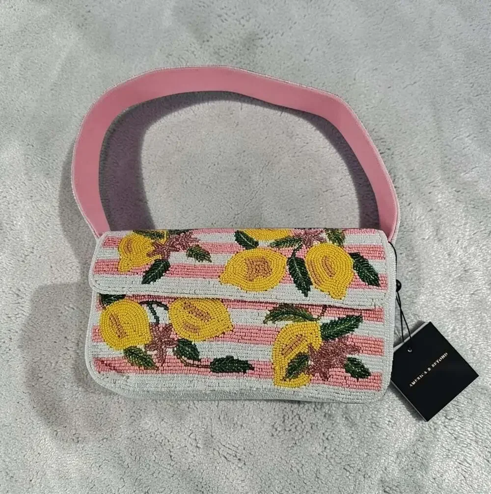 America & Beyond Beaded Lemon Shoulder Bag in Pink, Yellow & White